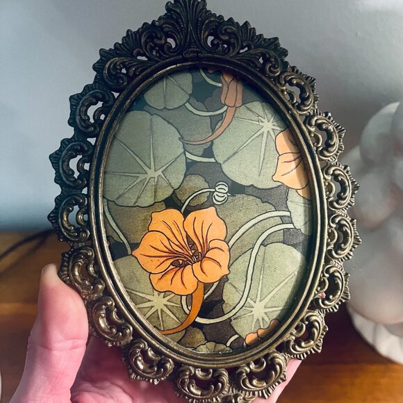 Antique Hanging Brass Frame in Ornate Floral Design with Convex Glass Cover - Picture 3 of 7